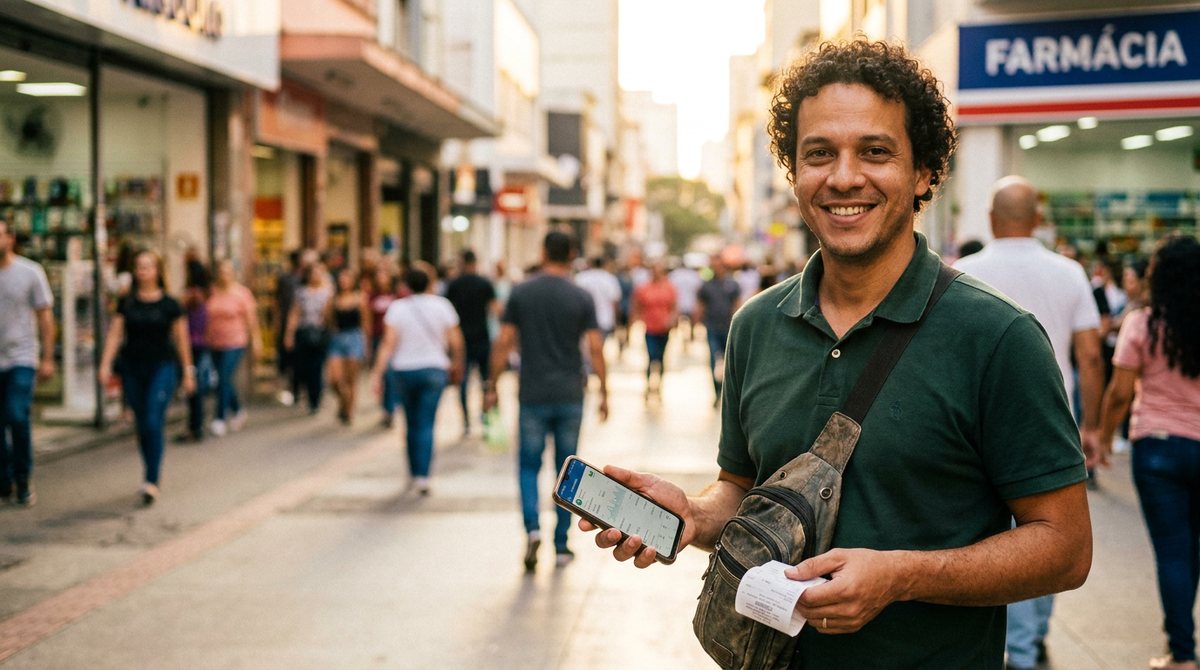 Vendedor de campo com celular e nota fiscal na mão
